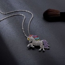 Colorful Rhinestones Unicorn Necklace Rainbow Horse Pendant Chain Jewelry Girls