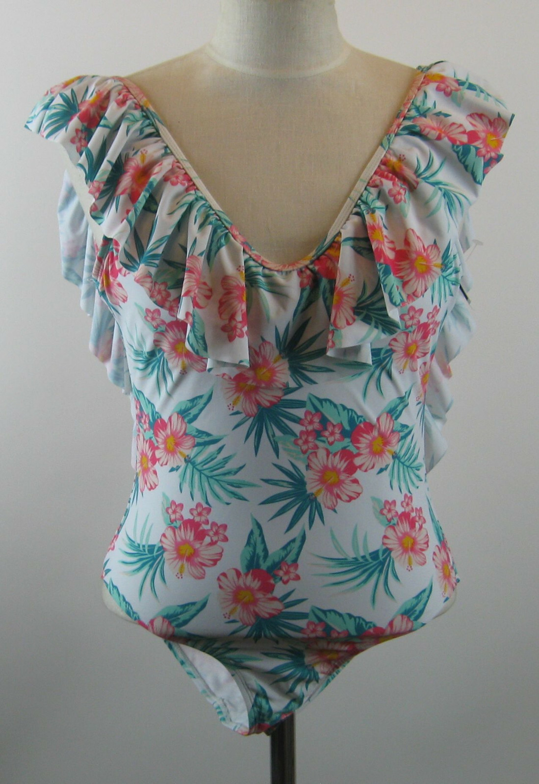 Cabana Del Sol Womens White Floral Ruffle One Piece Swimsuit Size M