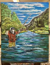 "Fly Fishing” 16x20 acrylic painting on canvas by original artist. Landscap