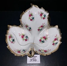 Vintage Porcelain Leaf Shaped Floral Trinket Candy Nut Dish Roses Gold Trim