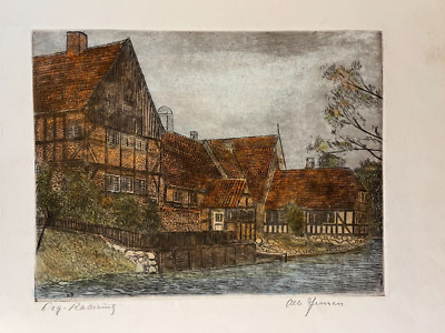 Albert Jensen (Elmstedt) Original Kunst - Aarhus Altstadt, Dänemark signiert ...
