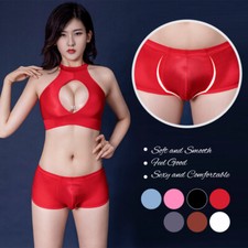 Unisex Gay Shiny Sissy Underwear Sexy Satin Boxer Briefs Sport Shorts / Bra Tops