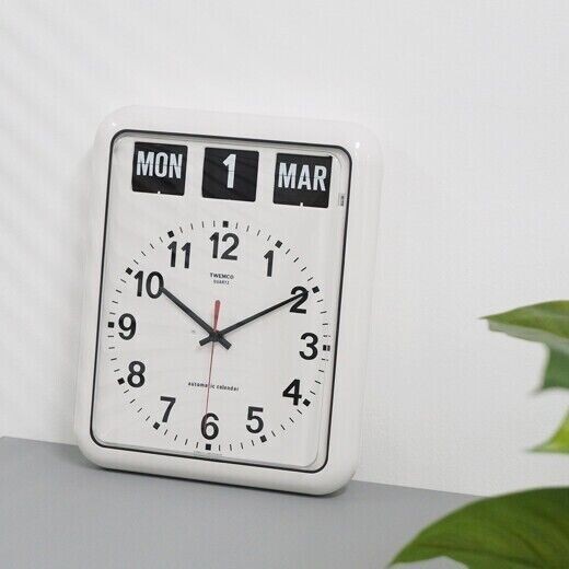 TWEMCO Wall Clock Flip Perpetual Calendar BQ12A White 15"H Rectangular