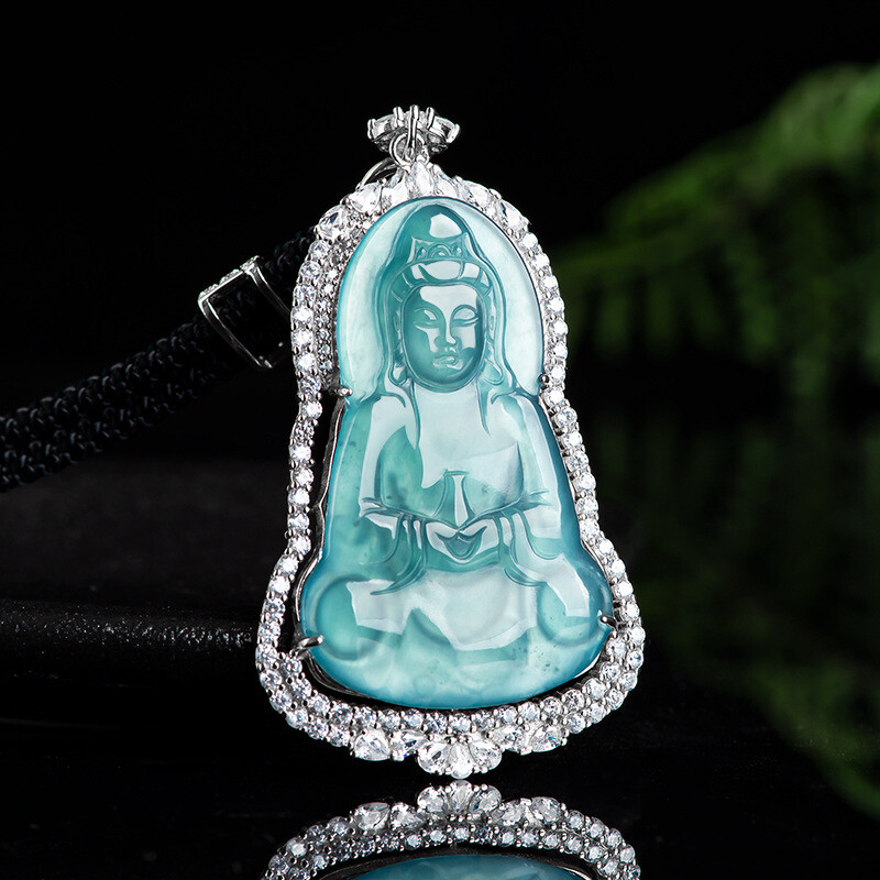 Burmese Jade Guanyin Pendant Jewelry Blue Necklace 925 Silver Natural Jadeite