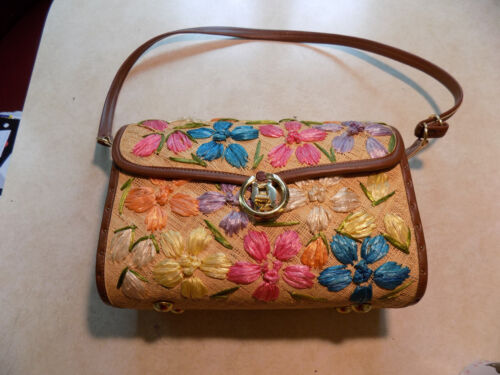 Vtg FAB Woven Straw Raffia Wooden sides Fine Arts Shoulder Bag Co Phillipines