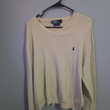 RALPH LAUREN Men's XL Tan V Neck Sweater All Pima Cotton Blue Pony