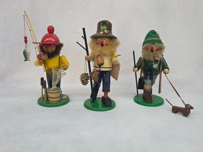 3 Vintage German Steinbach Nutcracker Smokers - Hunter, Angler & Hiker In Boxes!