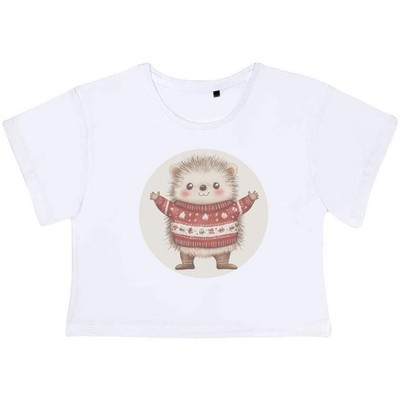 'Cute Christmas Hedgehog' Women's Cotton Crop Tops (CO053340)