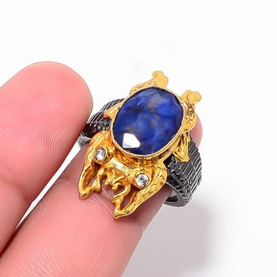 Blue Sapphire (Simulated) & White Topaz 925 Sterling Silver Frog Ring S.8 R87531