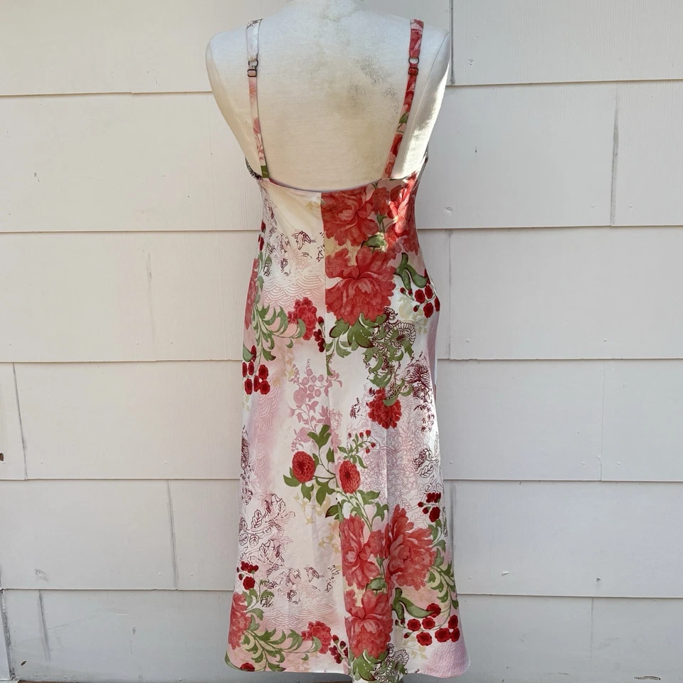 Natori Robe Gown Long Satin Japanese Floral Pink & Red  Poppy Flowers Belted - Image 4 of 4