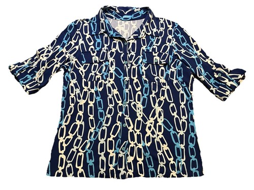 J. McLaughlin Catalina Cloth Top Sz L Blue White Chain Link Roll Sleeve Preppy
