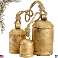 Shabby Chic Vintage Rustic Hanging Cowbells on Jute Rope, 3 Bell Set, Handmade