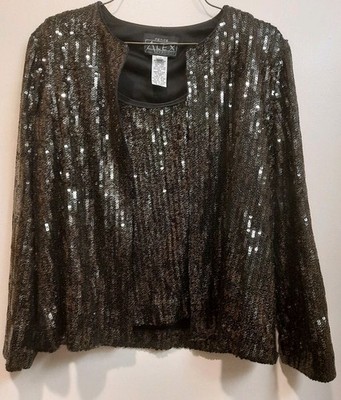Alex Evenings Petite 2PC Sequin Top & Jacket Set MP Black Gold Formal Party Xmas