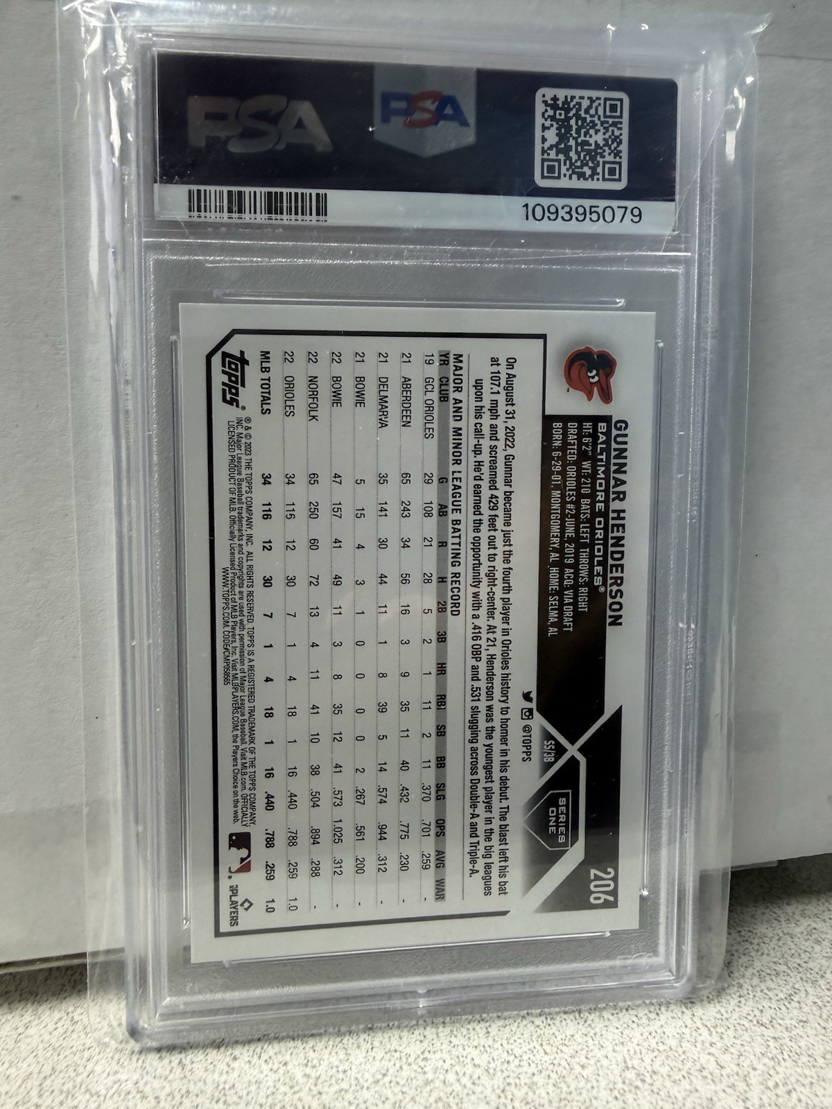 Topps 2023 Series 1 Gunnar Henderson #206 RC Baltimore Orioles PSA 9 view 2
