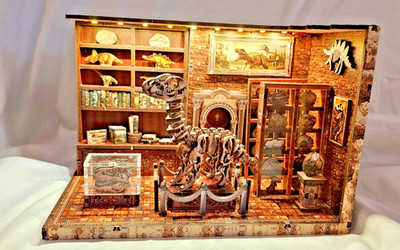 Handmade Dinosaur Museum Book Nook | Pre Built LED Miniature Bookend Display