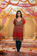 Unbranded Handmade Red Indian Salwar Kameez Gold/silver Beading/embroidery Med