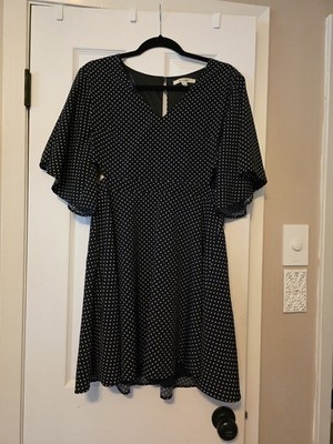 Miami Navy White Polka Dot V-Neck Flutter Sleeve Chiffon Dress Lined L