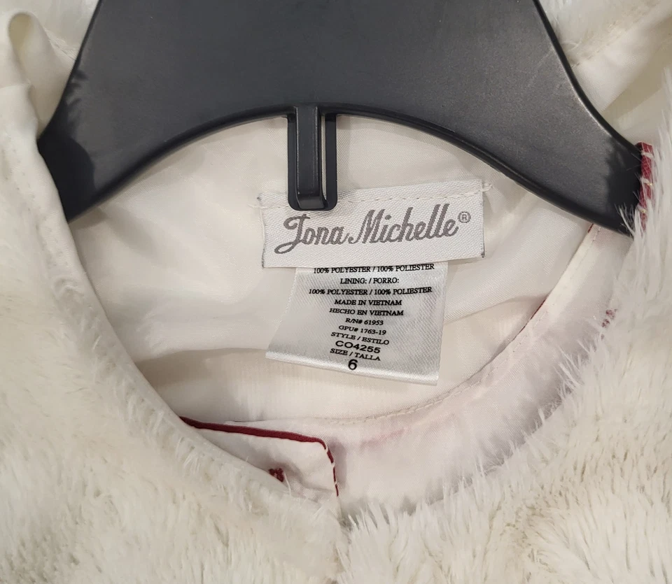 Vestido de vacaciones Jona Michelle para niñas jóvenes talla 6 rojo/blanco a rayas con chaqueta de piel Foto 3 de 4