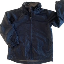 Lands End Youth Sz 10-12 Fleece Lined Rain Jacket Navy Blue Hood Full Zip Vented