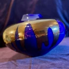 Vintage 1980s Haeger Royal Blue Gold Volcanic Lava Glaze Pottery Vase
