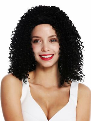 Perücke Damen lang voluminös kraus gelockt Afro Locken Mittelscheitel Schwarz