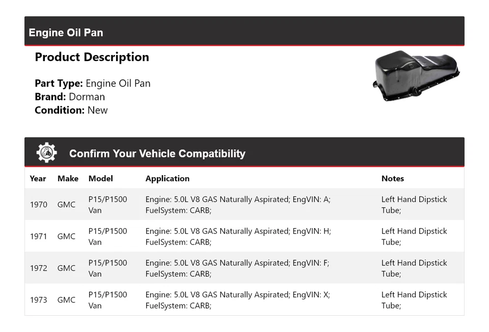 Para GMC P15/P1500 1970-1973 Van Dorman Motor Aceite Pan 1971 1972 Foto 2 de 4
