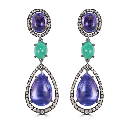 Victorian Tanzanite, Emerald and Diamond Dangle Earrings