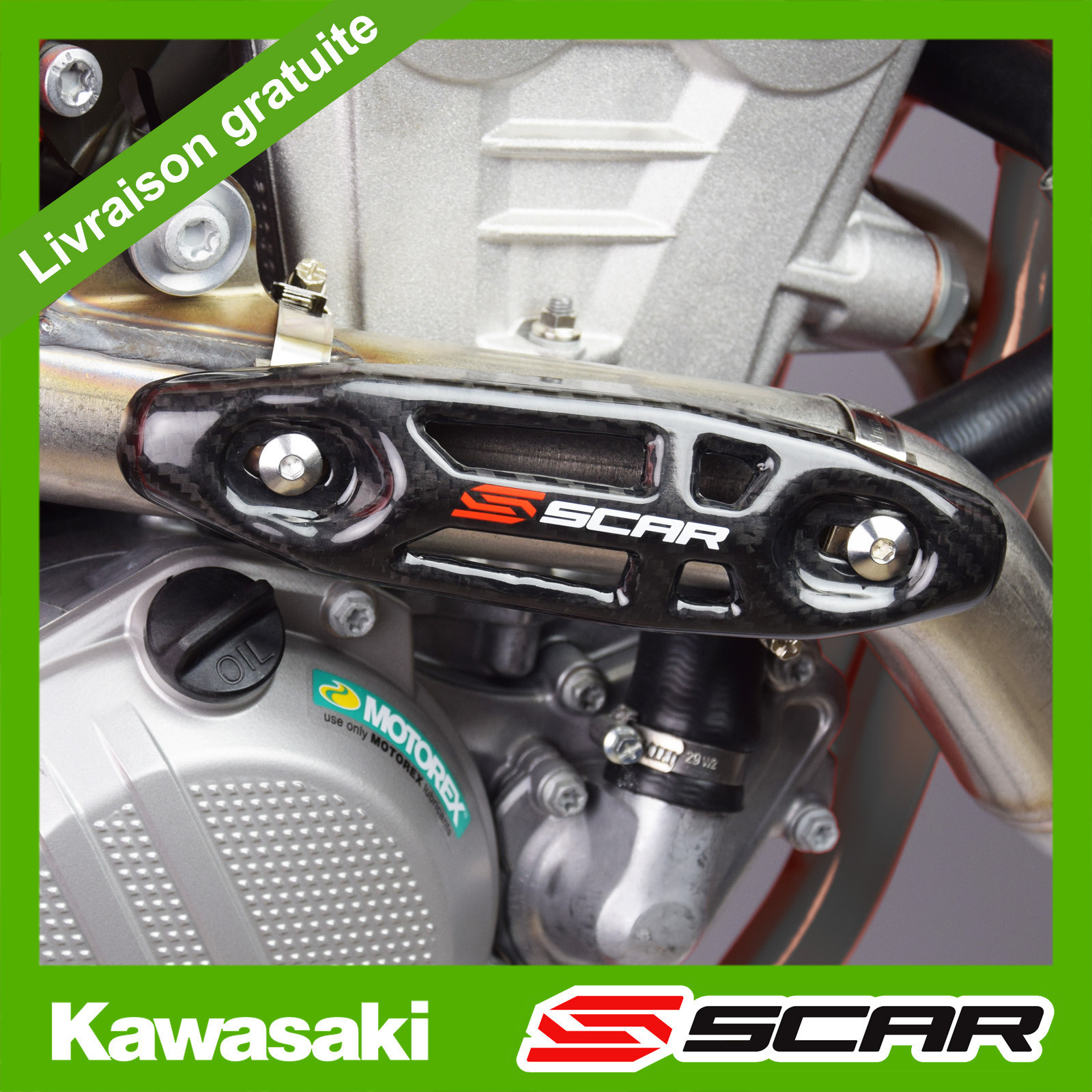 Protection collecteur échappement carbone universel pour Kawasaki KXF et motos cross