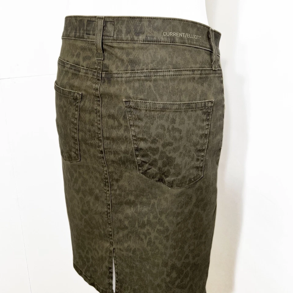 Current/Elliott Leopard Print Army Green Denim Pencil Skirt, Jean Skirt Size 28” - Image 4 of 4