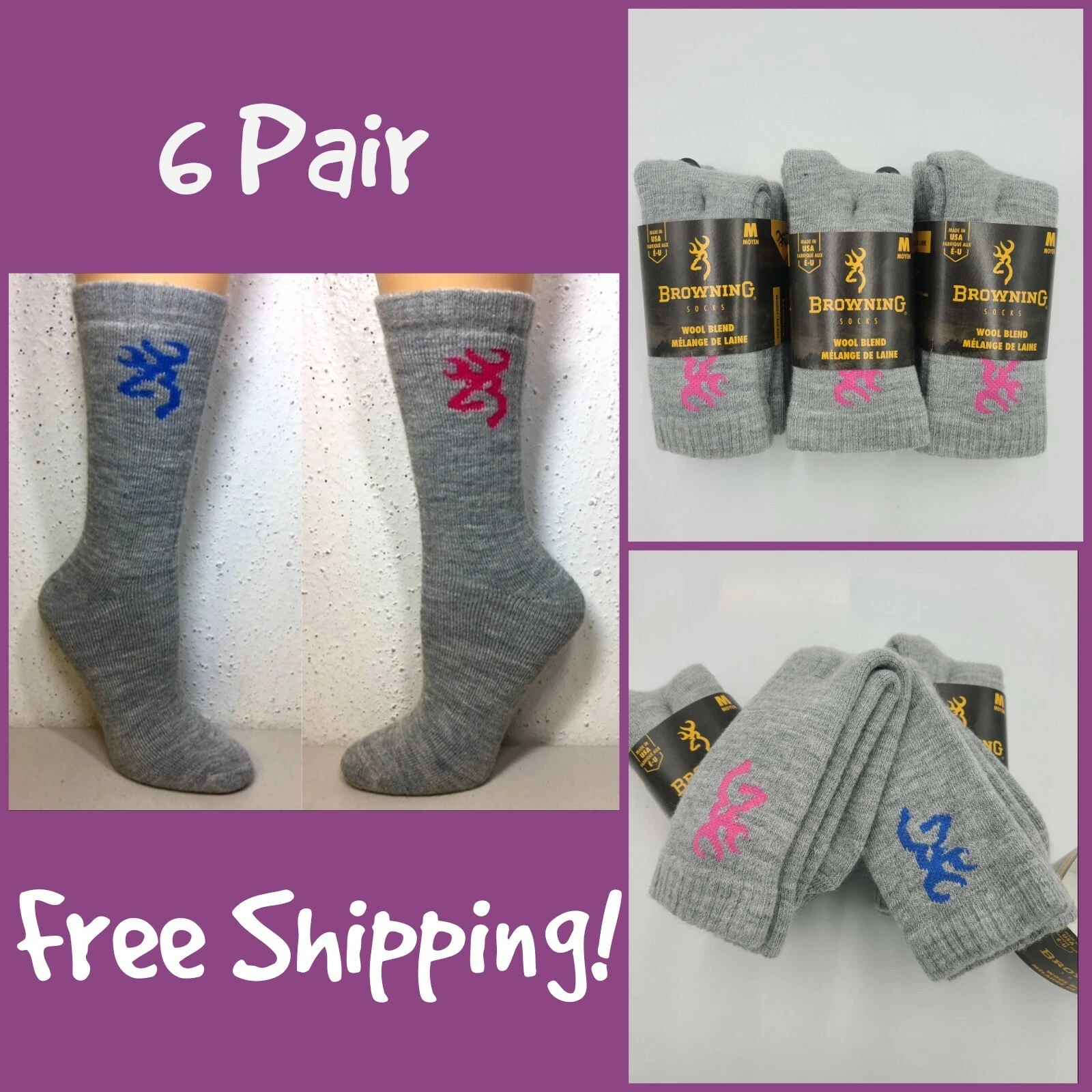 Browning 6 Pair Women Mid Calf Wool Blend Full Cushion Socks Size M (6-10) USA !