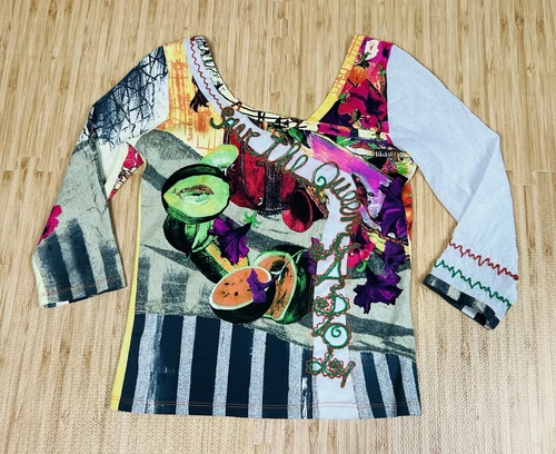 Save the Queen L Multicolored Embroidered Nylon Long Sleeve Top Mesh Arm Italy