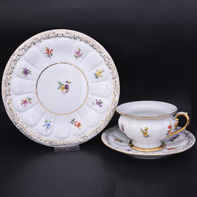 3-tlg. - Meissen Pfeifferzeit (2. Wahl) Kaffeegedeck X-Form Streublümchen X37
