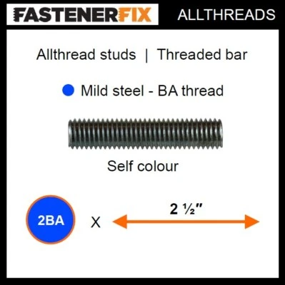 FASTENERFIX 2BA x 2 1/2" long allthread mild steel studs, threaded bar self colour (250pack)