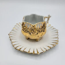 Vtg Antique Victorian 4 Footed Bone China Gilded Small Cup and Saucer Gold Gilt