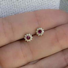 1.49Ct Round Cut Lab-Created Red Ruby Women Stud Earring 14k Yellow Gold Plated