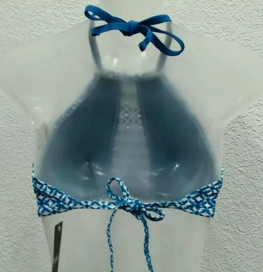 BIQUÍNI MOSSIMO gola alta HALTER TOP XL azul-petróleo esfumaçado branco ilhós floral natação - Imagem 4 de 4