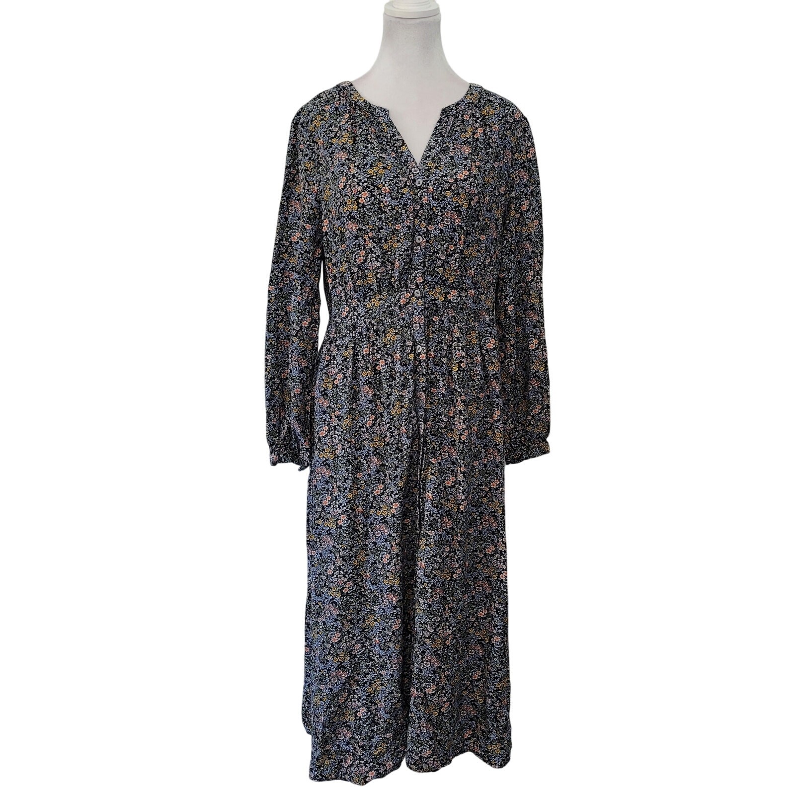 Loft Size 8 Long Sleeve Ditzy Floral Button Front Maxi Dress Cottage Style