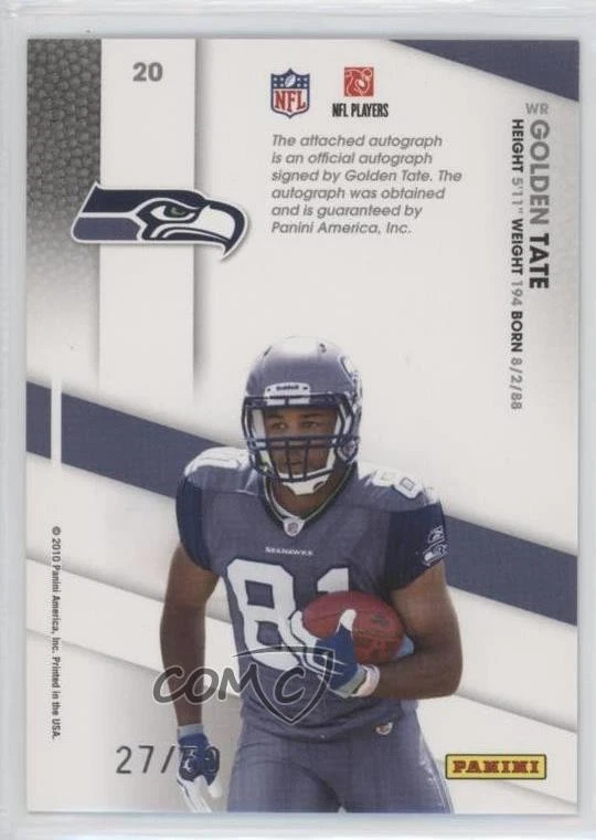 2010 Certified Potential Signatures /50 Golden Tate #20 Rookie Auto RC - Image 2 of 2