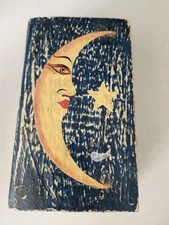 Blue Moon & Star Wooden Trinket Box Book Hand Painted Vintage Primative Look