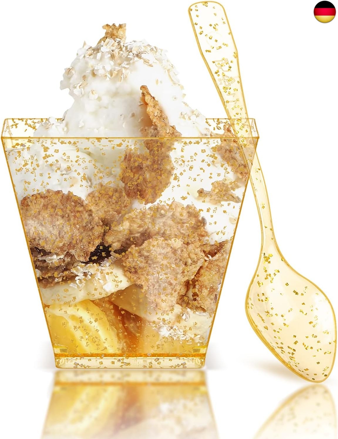 PALUDO 50 Stück Mini Desserttassen mit Löffeln, 60ml Goldglitter Dessertgläser P