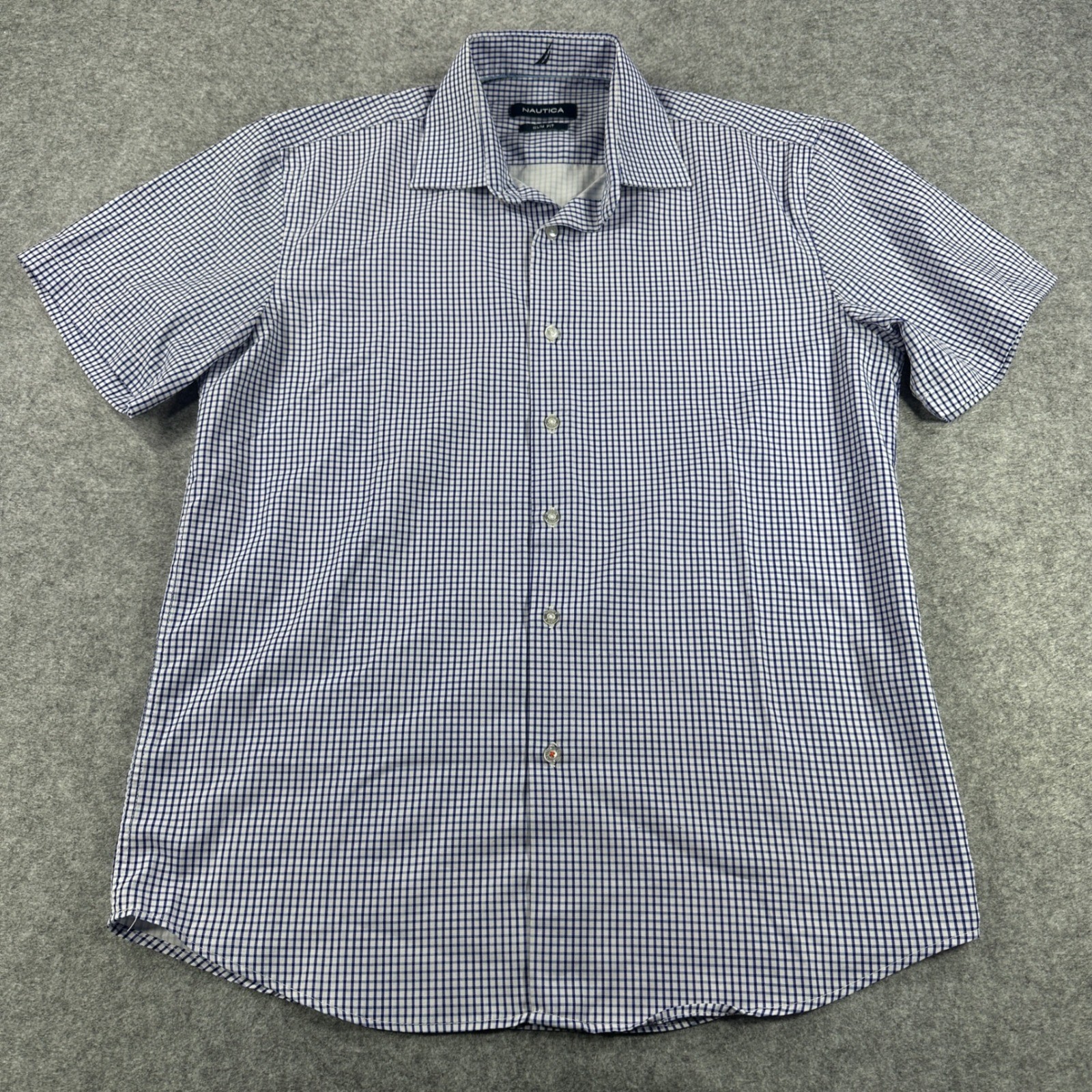 Nautica Mens Slim Fit Gingham Check Short Sleeve Button Down Shirt Navy White M