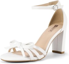 IDIFU Women's White Bow Ankle Strap Block Heel Sandals