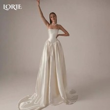 Vintage WeddingDresses Spaghetti Strapless Shiny Satin A-Line Ivory BridalGown