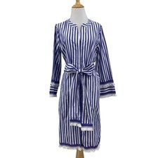 J Crew Shirt Dress Womens 6 Multi Blue White Stripe Poplin Tassel Belted Pocket