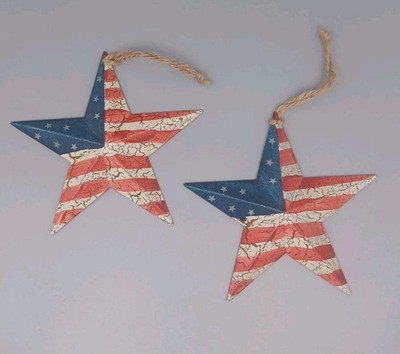 Rustic American Flag Tin Stars Set Ornament, Country, Crackle Paint