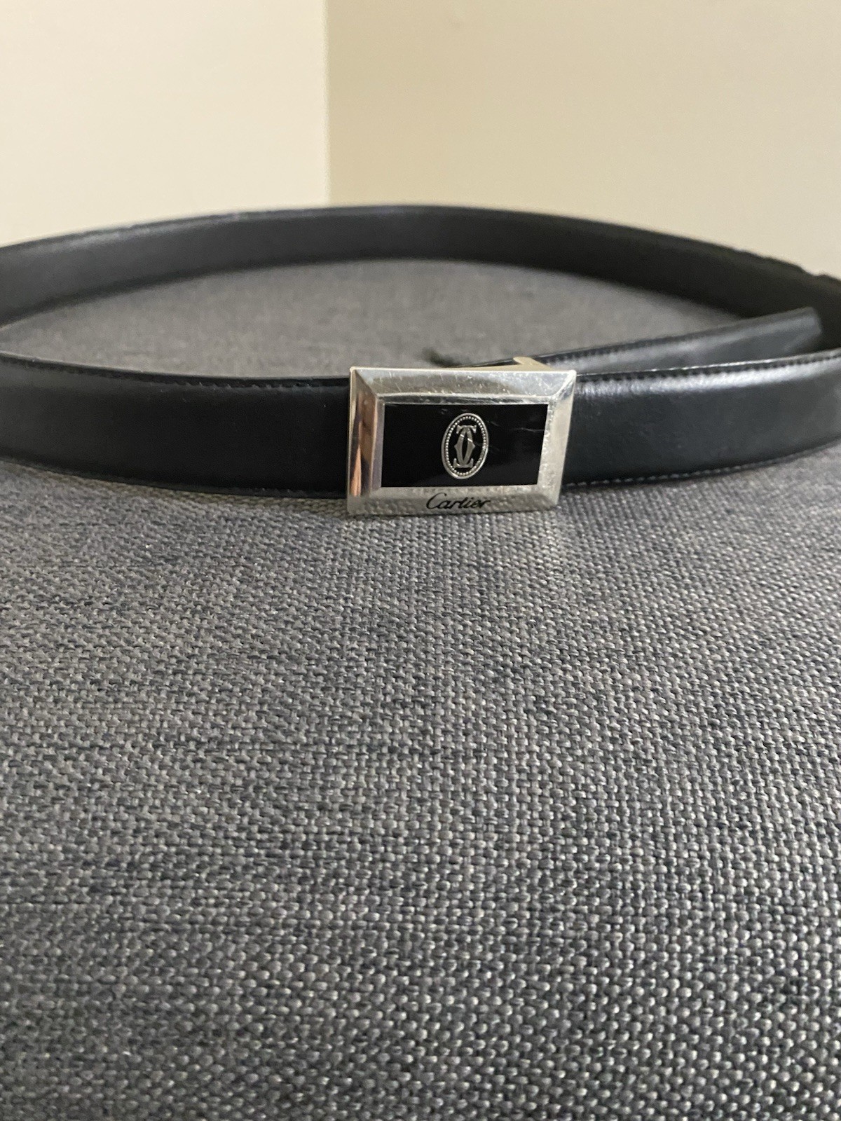 Men’s Leather Black  Skinny Cartier Belt Silver Buckle Used
