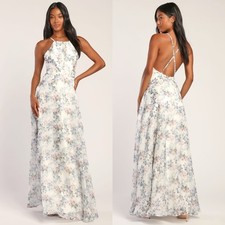 Lulus Truly Dress For You Ivory Floral Print Backless Maxi Formal Sz Medium NWT