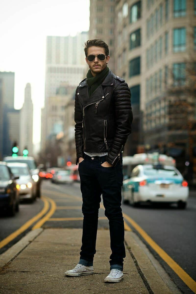 Unique Men's Real Leather Zipper Pockets Black Slim Fit Biker