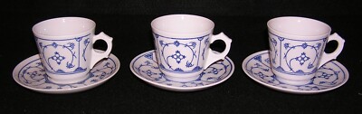 3 Vintage Blau Saks Cup & Saucer Sets Blue & White Jager Eisenberg Kahla Germany