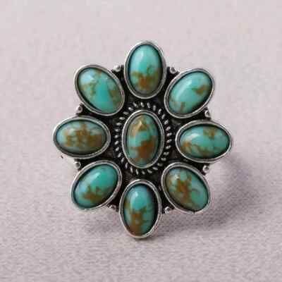 Boho 925 Sterling Silver Elegant Charms Vintage Turquoise Charms Ring Size 8